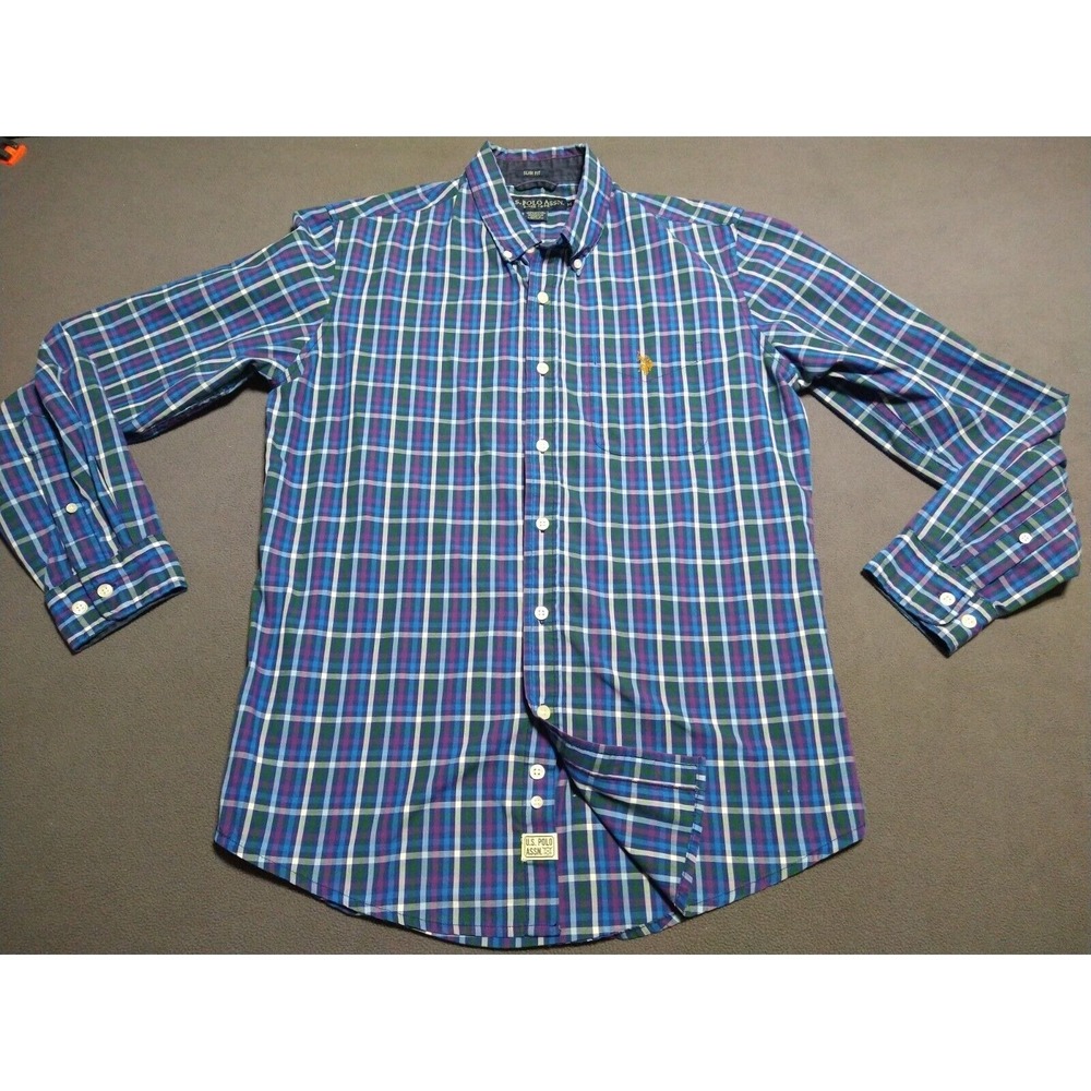 U.S. Polo Assn. Shirt‎ Men M Blue Plaid Slim Fit Large Pony Preppy Button Up
